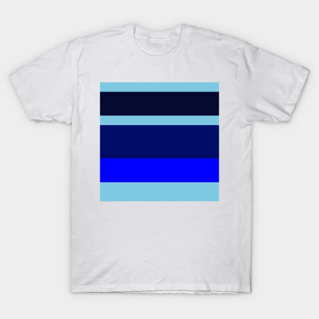 An elegant mix of Lightblue, Primary Blue, Darkblue and Dark Navy stripes. T-Shirt by Sociable Stripes